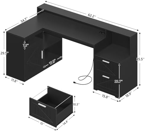 63" Farmhouse L Shaped Desk with Drawers and Printer Stand for Home Office - Image 2
