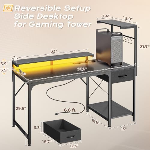 PRAISUN 47.2 Inch Gaming Desk with LED Lights & Power Outlets - Image 3