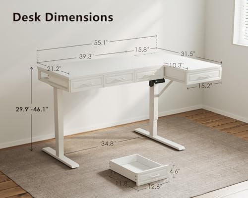 OffiGo 55 Inch L Shaped Standing Desk with 4 Wooden Drawers, White - Image 3