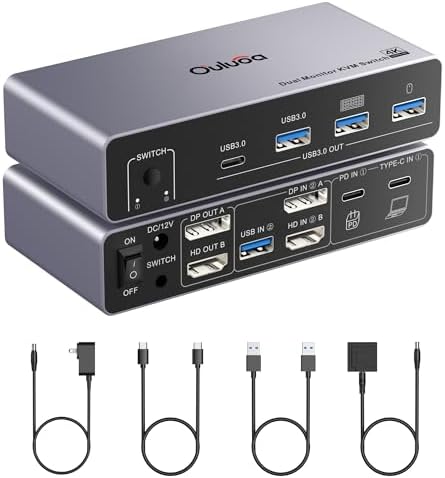 USB C KVM Switch 2 Monitors 2 Computers, Dual Monitor KVM Switches for 1 Desktop 1 Laptop, 4K@120Hz DP+HDMI DisplayPort, 4 USB 3.0 Ports, 100W PD Charging, Wired Remote, Keyboard Mouse Switcher by Ouluoa