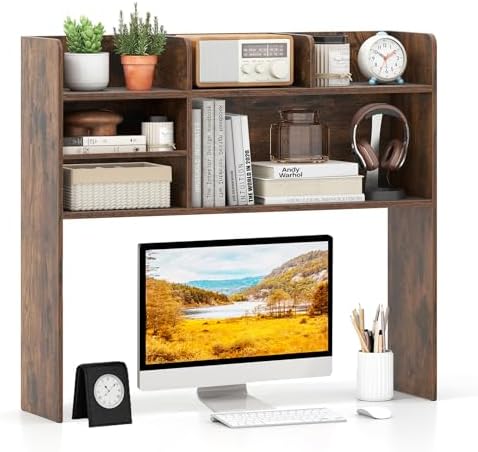 Desk Hutch, 37" Desktop Bookshelf with 6 Shelves, Wooden Desktop Organizer Display Rack with Adjustable Shelf, 3 Tier Desk Topper for College Dorm, Hutch Top Only by SILKYDRY
