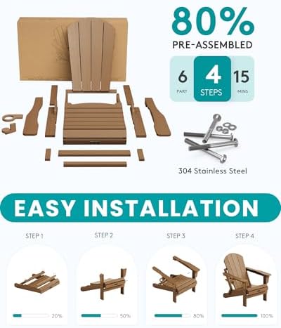 SERWALL Folding Adirondack Chair Set of 6, Lawn Chair with Cup Holder-Brown - Image 3