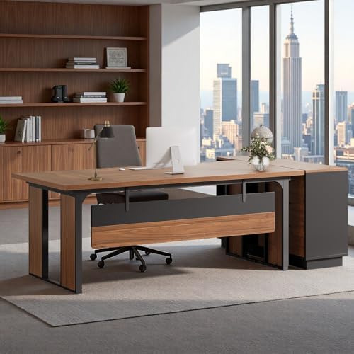 Tribesigns 63" Executive Desk, Modern Office Desk with Privacy Panel & Metal Frame, Large Computer Desk for Home Office, Writing Study Workstation Business Furniture (Brown & Black, Only Table) - Image 4