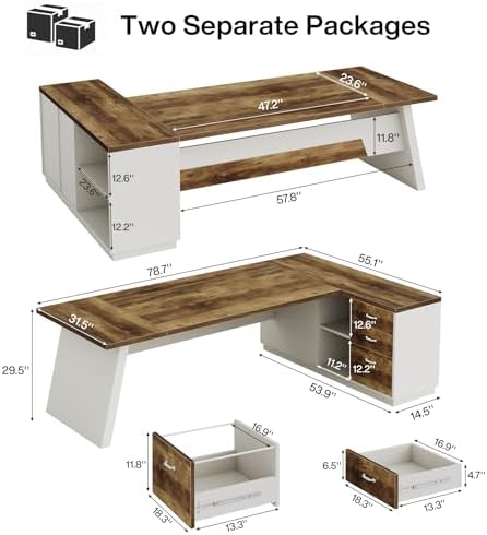 Tribesigns 78" L-Shaped Executive Desk, Large Modern Office Desk with Drawers and Lateral File Cabinet, Business Furniture with Storage Shelves, Big Computer Desk for Home Office (Brown + White) - Image 2