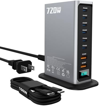 720W USB C Fast Charger Block, PD 3.1 140W 8 Port USB Charging Station, GaN Ⅲ Fast Charging Station for Multiple Devices, Laptop Charger Station Compatible with iPhone 17/iPad/MacBook,Samsung, Silver by Unknown