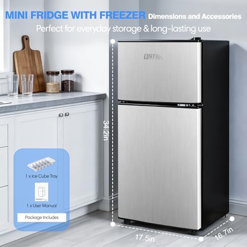 OSTBA Mini Fridge with Freezer - 3.2 Cu.ft 2-Door Upright Freezer, Compact Refrigerator with 2 Removable Shelves 7 Level Adjustable Thermostat, Removable Shelves for Bedroom Office Apartment, Silver - Image 6