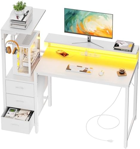 HLDIRECT 44 Inch Gaming Desk with Power Outlets & LED Lights, White by HLDIRECT