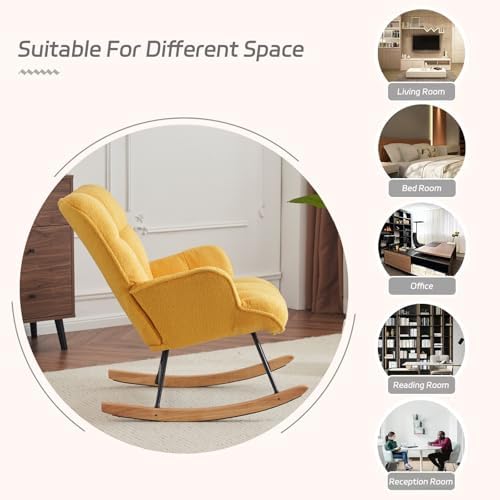 SAETSFEG Rocking Chair Nursery Teddy Upholstered Glider Rocker Rocking Accent Chair Padded Seat with High Backrest Armchair Comfy Side Chair for Living Room Bedroom Offices (Golden Yellow Teddy) - Image 5
