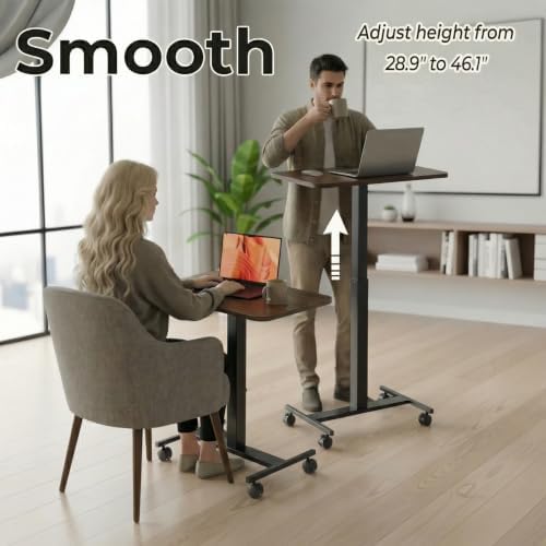 HUANUO Small Rolling Laptop Standing Desk, Height Adjustable Mobile T-Base Desk with Lockable Casters, Portable Sit-Stand Workstation for Bedside & Sofa, Walnut - Image 4