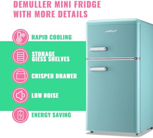 DEMULLER Retro Mini Fridge with Top Freezer 100L Small Refrigerator with Two Doors & Two Handles Dorm Fridge with 7 Temperature Settings Spacous Capacity & Ideal Size Blue - Image 5