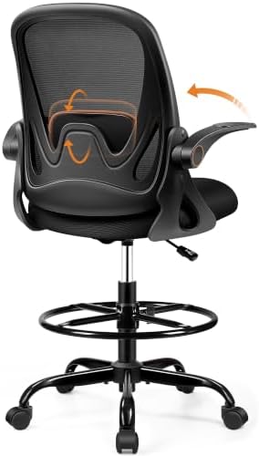 Drafting Chair Tall Office Chair with Flip-up Armrests, Adjustable Height, and Enhanced Lumbar Support - Ergonomic Rolling Stool, Back Support, and Adjustable Foot Rest Ring for Standing Desk Black by Primy