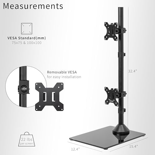 VIVO Dual Monitor Desk Stand with Tempered Glass Base, Free-Standing LCD Mount, Holds in Stacked Vertical Position 2 Ultrawide Screens up to 34 inches, Black, STAND-V002LG - Image 3