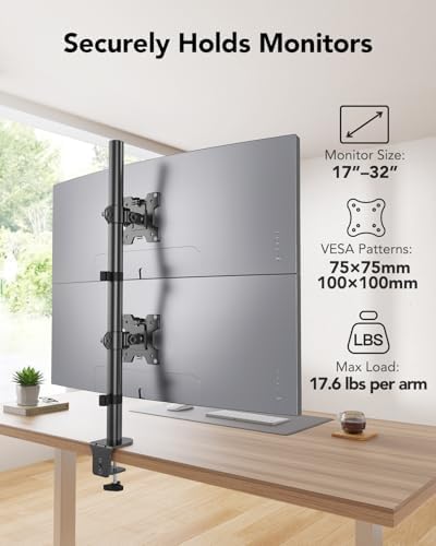 HUANUO Vertical Dual Monitor Mount, Stacked Monitor Stand for 2 Monitors with Height Adjustment Computer Monitor Arm Supports Two 17 to 32 Inch with C Clamp Each Desk Mount Hold up to 17.6lbs - Image 2