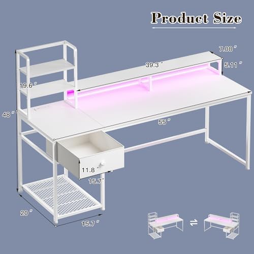 EnHomee 55" Reversible White Computer Desk with Hutch, USB & LED - Image 3