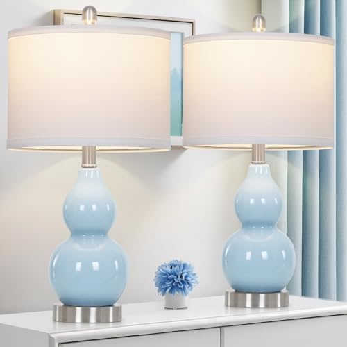 22" Double Gourd Ceramic Table Lamps Set of 2, Blue Modern Bedside Lamps for Living Room, Contemporary Nightstand Desk Lamps for Bedroom End Table Home Office Study Room Decor(2 LED Bulbs Included) by Luxeflow