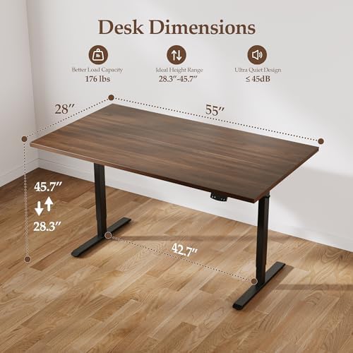 Klicelor 55 x 28 Electric Standing Desk, Sit Stand Up Home Office Desk, Height Adjustable Deep Cumputer Table with Memory Presets and Hooks, Two Pieces, Dark Walnut - Image 3