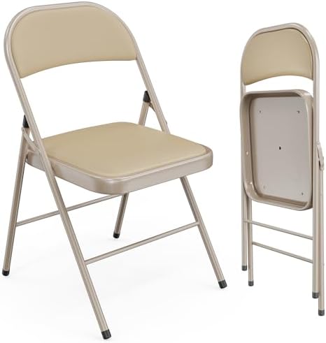 VINGLI 2 Pack Folding Chairs with Padded Seats, Metal Frame with Pu Leather Seat & Back, Capacity 350 lbs, Set of 2, Khaki by VINGLI