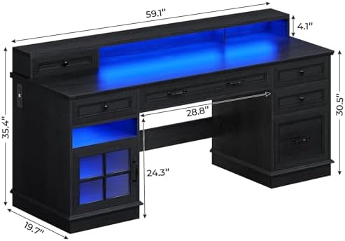 BTHFST 59.1" Executive Desk with File Drawer, Charging Station, Black - Image 2