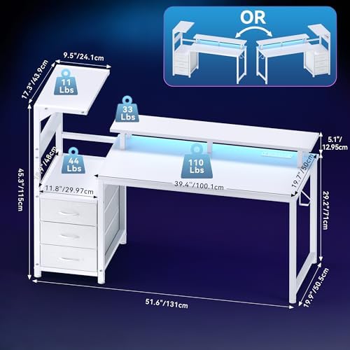52" Reversible Gaming Desk with LED Lights Power Outlets, White - Image 2