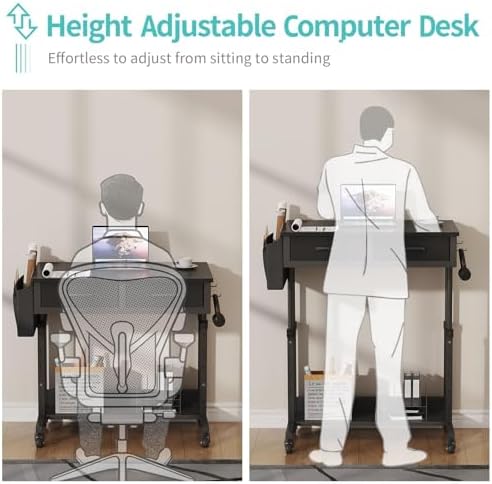 Small Portable Rolling Standing Desk - 32 Inch Adjustable Mobile Stand Up Gaming Desks with 2 Fabric Drawers on Wheels, Couch Sofa Side Laptop Table with Storage for Home Office, Black - Image 5