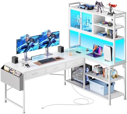 PRAISUN 57.5 Inch L Shaped Gaming Desk with Power Outlets and LED Lights by PRAISUN