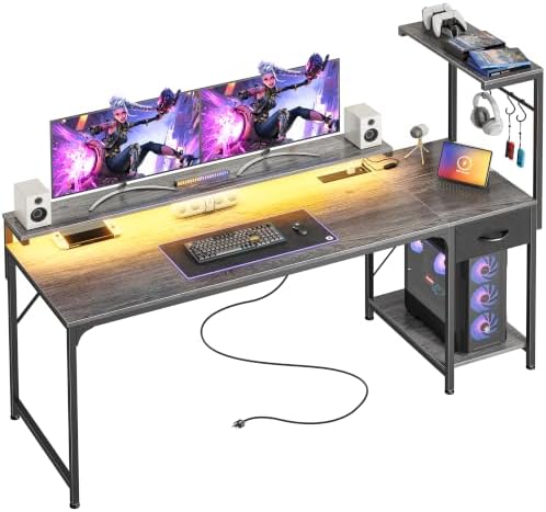 PRAISUN 63 Inch Gaming Desk with LED Lights & Power Outlets by PRAISUN