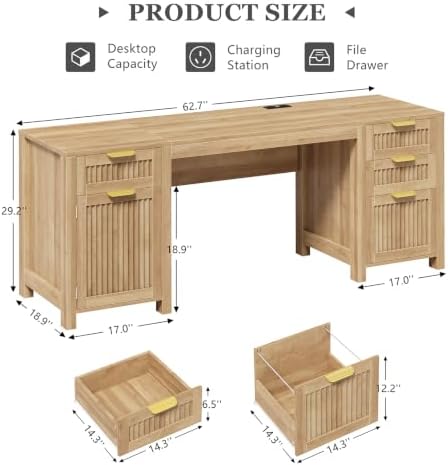 62" Fluted Computer Desk with 4 Drawers & Storage Cabinet for Home Office - Image 3
