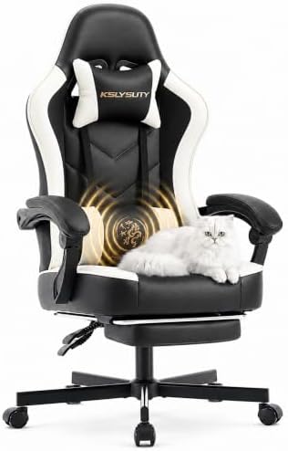 Desk Computer Gaming Chair - High Back Ergonomic Office Chair with Footrest and Lumbar Support, Swivel Comfy Home Gamer Video Game Chairs with Pocket Spring Cushion for Adults (White Leather) by KslysutyFurniture