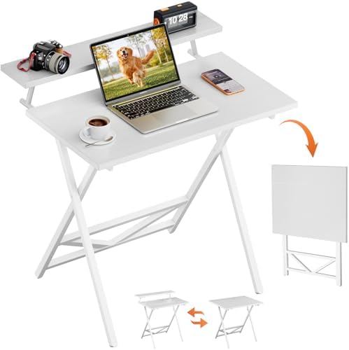 WOHOMO Folding Computer Desk with Monitor Stand, Adjustable Height, White by WOHOMO