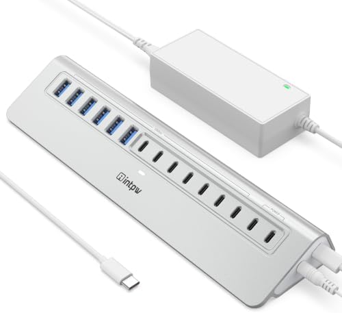 Powered USB Hub 10Gbps, intpw 15-Port USB 3.2/USB C Hub (6 x USB-A 3.2 + 7 x USB-C 3.2 10Gbps +2 x PD 45W Fast Charging Ports), 3Ft Cable, Aluminum USB Hub for PC/Laptop/iPhone 17/16/MacBook Neo by intpw