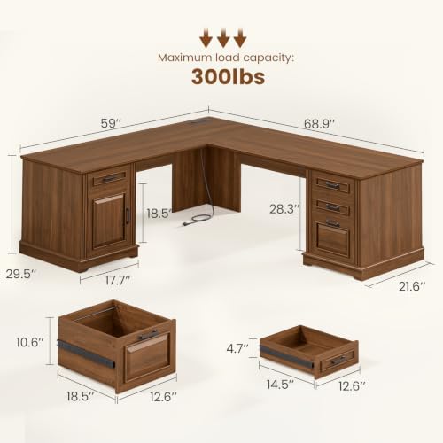 Itaar Farmhouse Executive L Shaped Desk, Home Office Desk with File Drawer and Power Outlet, Computer Corner Desk with Drawers and Storage Cabinet, Workstation for Office Home, Brown - Image 2