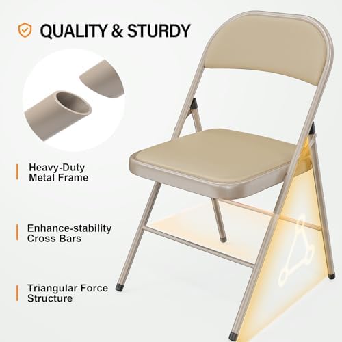 VINGLI 20 Pack Folding Chairs with Padded Seats, Metal Frame with Pu Leather Seat & Back, Capacity 350 lbs, Set of 20, Khaki - Image 4