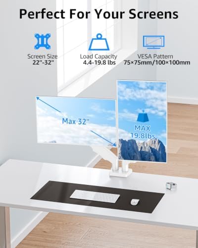 Dual Monitor Stand fits up to 32 inch, 4.4-19.8 lbs Computer Screens, Dual Monitor Desk Mount Height Adjustable, Monitor Arms for 2 Monitors, Home Office VESA Mounts, Freelift White - Image 2