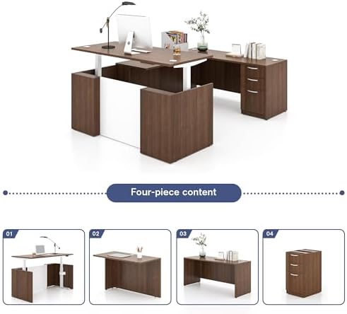 U-Shaped Executive Office Standing Desk with Pre-Assembled Frame & Lockable File Cabinet, Dual Motor Height Adjustable Electric Sit Stand Desk, Programmable Controller, Walnut/White - Image 4