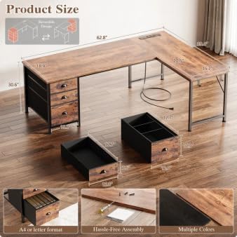 Furologee 63" L Shaped Desk, Office Corner Desk with Power Outlets, Brown - Image 3