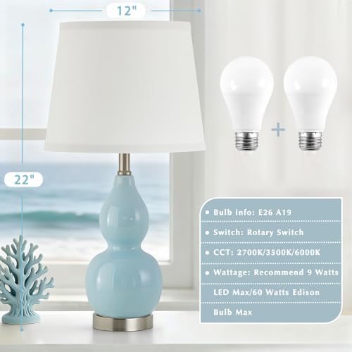 GyroVu 22" Table Lamp Set of 2, Color Temperature Adjustable Double Gourd Ceramic Lamps Classic Nightstand Table Lamps for Bedroom Beside Lamps for Living Room, Sky Blue-Bulbs Included - Image 3