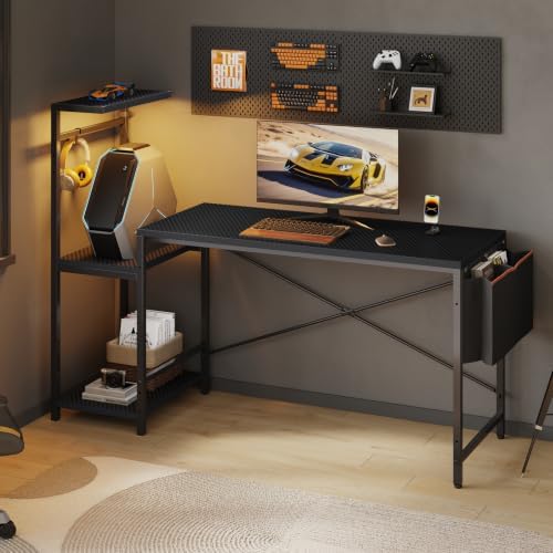 60'' Gaming Desk with LED Lights, Side Storage Bag, Black - Image 7