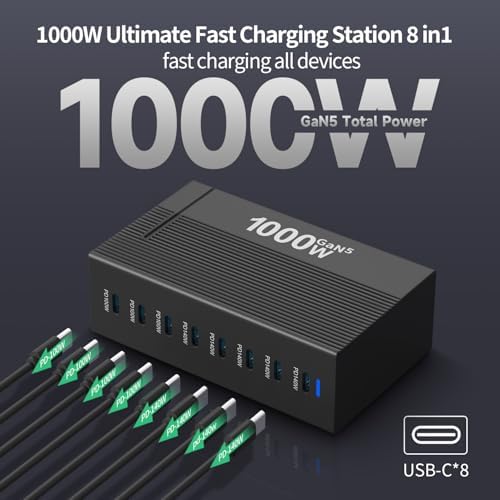 1000W 8-Port GaN5 Desktop Charging Station, High-Power USB Charging Hub with 5X 140W and 3X 100W PD Ports, Fast Charger for Laptops, Tablets, and Smartphones - Image 5