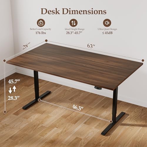 Klicelor 63 x 28 Electric Standing Desk, Sit Stand Up Home Office Desk, Height Adjustable Deep Cumputer Table with Memory Presets and Hooks, Two Pieces, Dark Walnut - Image 3