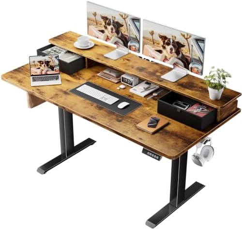 Veken 55x26 in Electric Standing Desk with Drawers, Adjustable Table, Brown by Veken