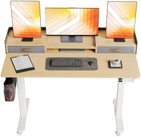 Claiks Standing Desk with Drawers & Wheels, 2 Height Shelf 55" Natural by CLAIKS
