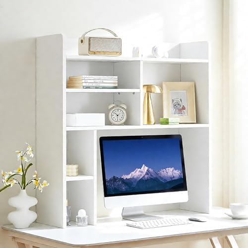 TUKAILAi Desktop Bookshelf Organizer, Countertop Storage Hutch with 7 Shelves for Desk, Dorm Desk Hutch Wood Display Rack for Home Office (White) by TUKAILAi