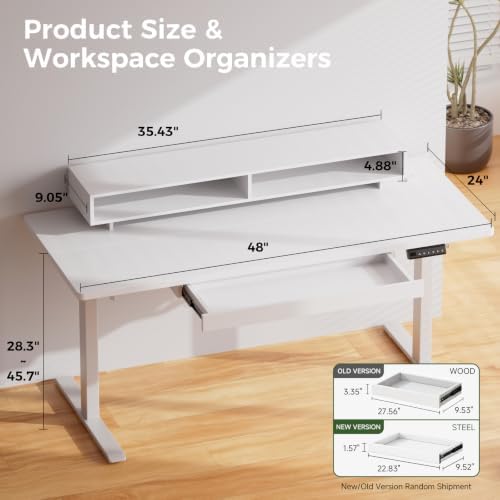 GTPLAYER Electric Standing Desk with Drawers, 48 x 24 Inch Height Adjustable Gaming Desk with Monitor Stand, Power Outlets & LED Lights, Home Office Sit Stand Up Desk with Memory Preset (White) - Image 2