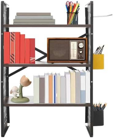 3 Tier Desktop Bookshelf, 23.6" Tall Modern Desktop Shelf Unit w/Storage Boxes & Shelf, Adjustable Bookcase for Home Office Decor (Black, 40cm/15.7in) by Unknown