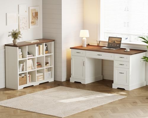 OffiGo Farmhouse 59 Inch Executive Desk with Drawers, Walnut+White - Image 3