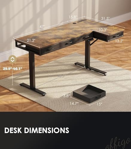 OffiGo 63 Inch L Shaped Electric Standing Desk with 4 Drawers, Rustic Brown - Image 3