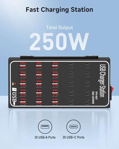 250W USB~c Charging Station, 50 Port (30 USB A & 20 USB~C Port) USB~C Charger Block, Fast Charging Station for Multiple Devices, Desktop USB Charger Compatible for iPhone, iPad, Tablets - Image 2