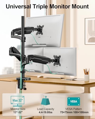 MOUNT PRO Triple Monitor Mount for Max 32" Computer Screen, Adjustable 3 Monitor Desk Mount, up to 19.8lbs Each, Three Display Arm with Tilt Swivel Rotation, VESA Mount 75x75/100x100mm - Image 2