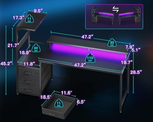 AODK Gaming Desk w/PC Showcase Stand, 59" Reversible, RGB LED - Image 3