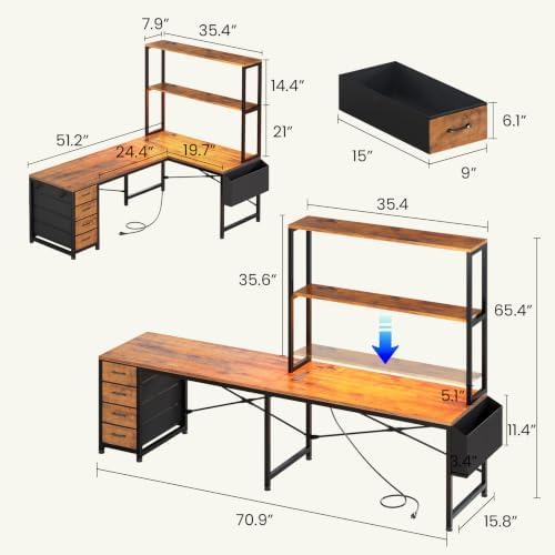 SEDETA L Shaped Gaming Desk, 51.2" Reversible Small Corner Desk with 4 Drawer, Power Outlet & LED Lights, Home Office Desk with Storage Shelves for Small Space, Rustic Brown - Image 2
